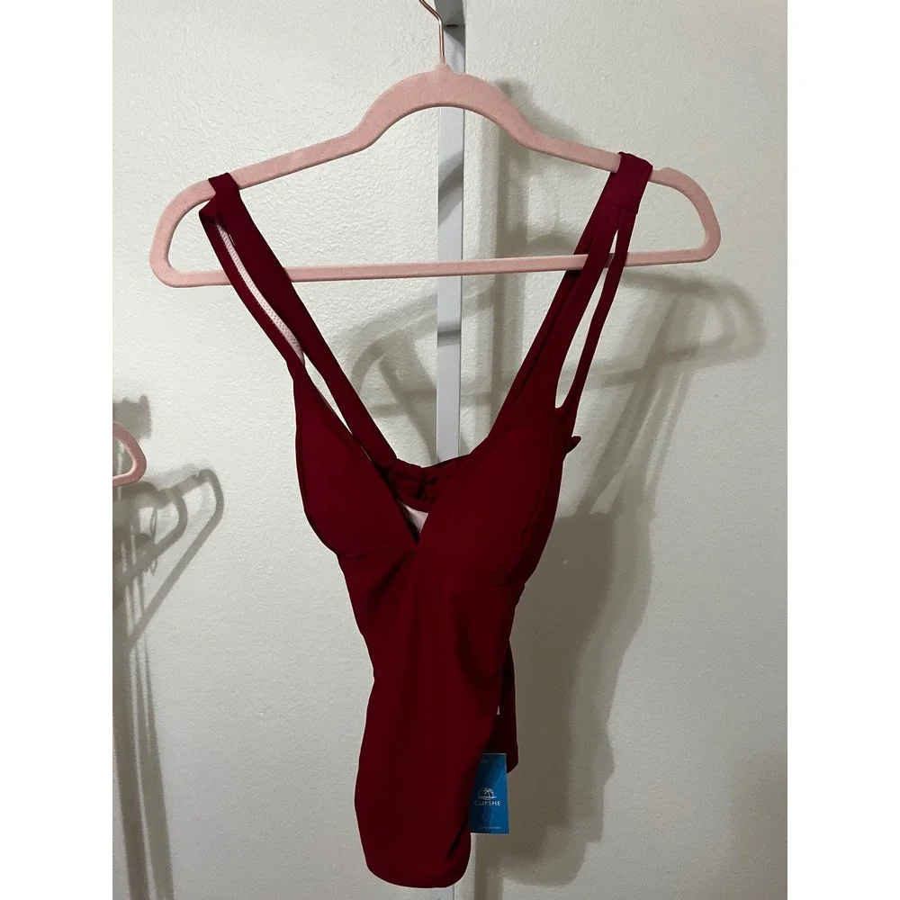 NWT Cupshe Dark Red Maroon Cross‎ BackTankini Top & Standard Bottoms Set Small